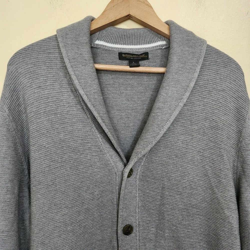 Banana Republic Cardigan Sweater Men's L Gray Supima Cotton Shawl Collar Button